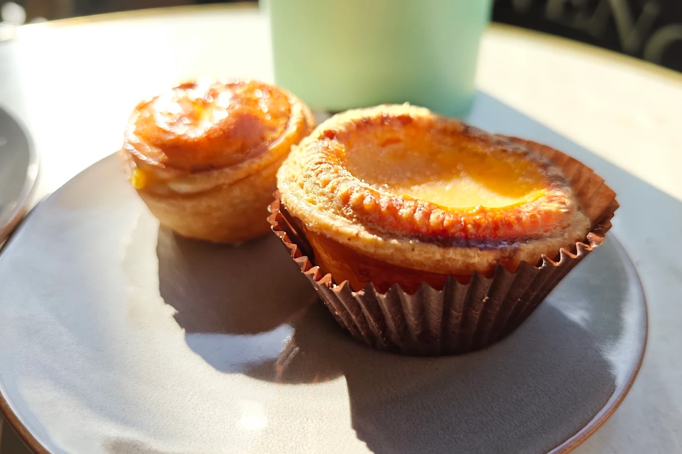 Close-up of a caramelised Portuguese tart